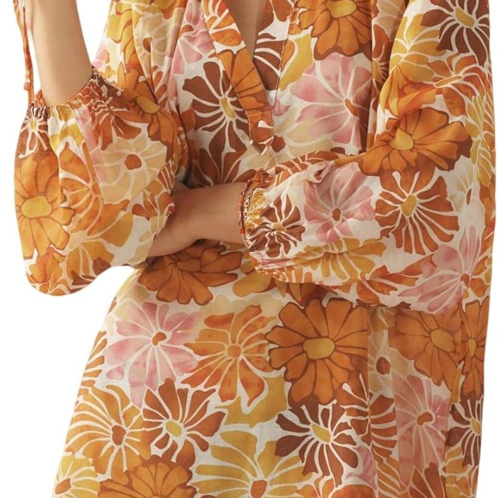 Boho Floral Tunic Dress Women Long Sleeve Relaxed Fit Summer Cover Up